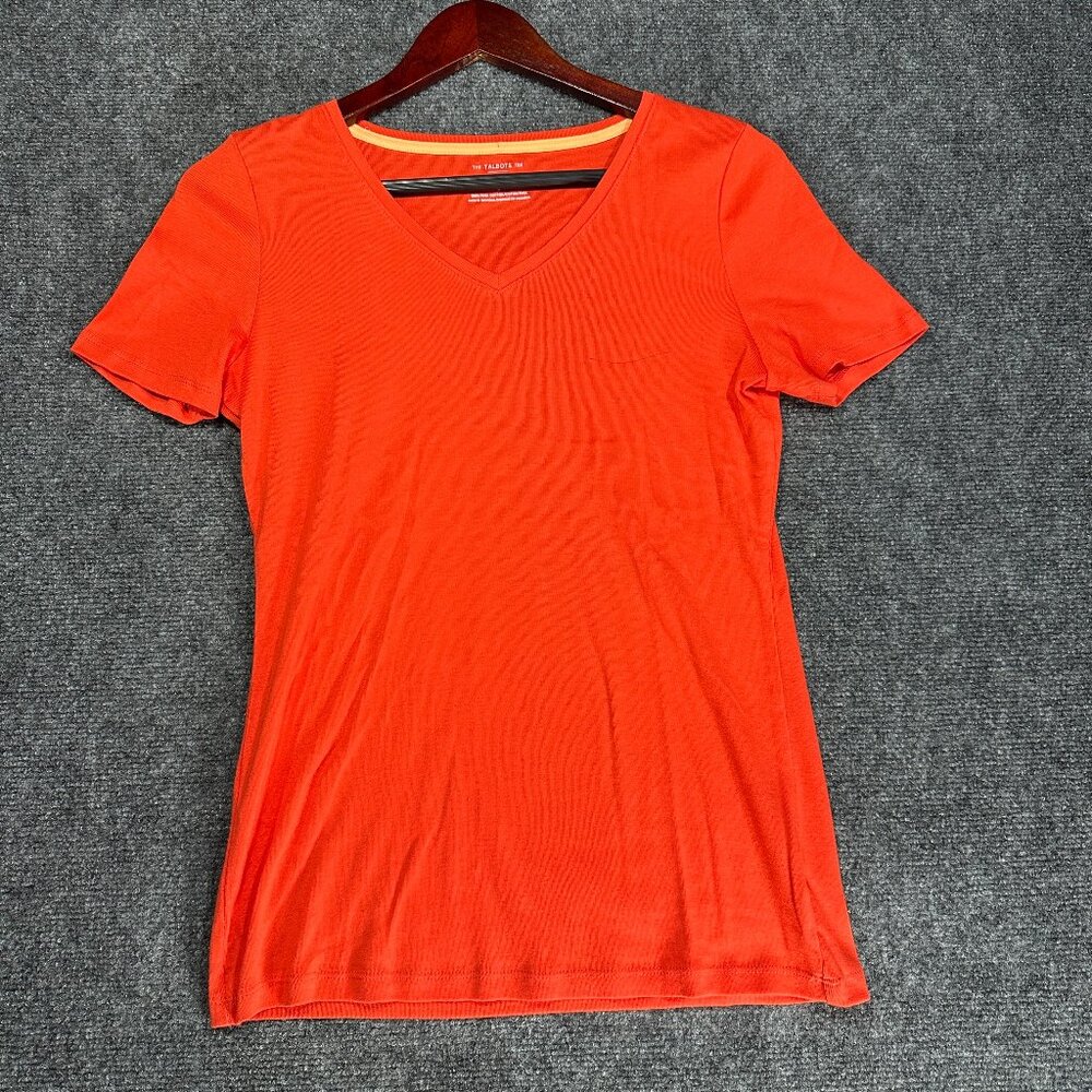 Talbots Top Womens Small The Talbots Tee Shirt Orange Pima Cotton Short Sleeve V